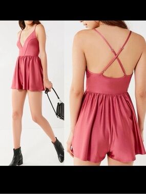 Urban Outfitters Gianni Plunging Satin Strappy Romper Pink Rose